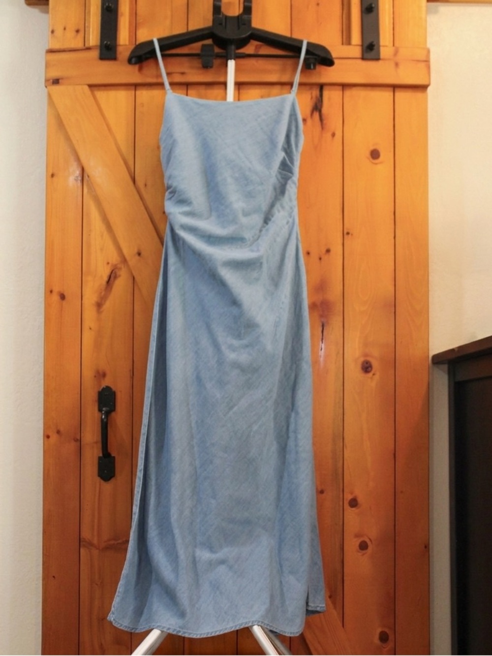 NWT Mango Draped Denim‎ Midi Dress with Spaghetti Straps Cinched Waist